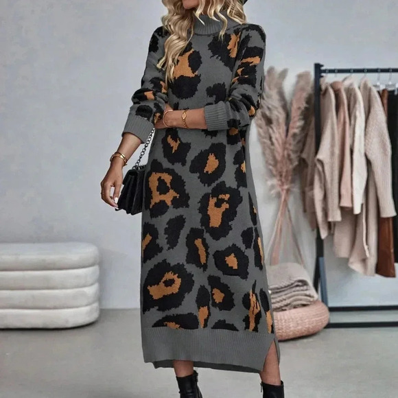 Multicolor Casual Women's Leopard Print Turtleneck Sweater Dress - Picture 1 of 6